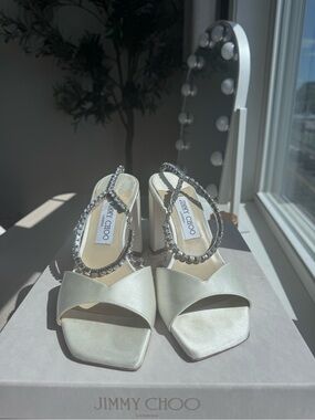 Jimmy Choo Saeda Ivory Satin Crystal-Strap Block Heel Sandals